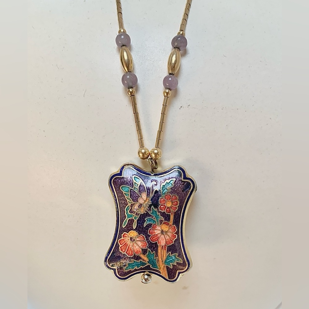 Cloisonné Floral Pendant Necklace with Gold Accents
